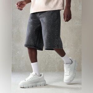 Sumwon Men's Rhinestone Embellished Black Denim Shorts